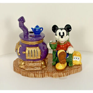 Vtg Disney Christmas Mickey Mouse Wood Stove Ceramic Tea Light Candle Holder